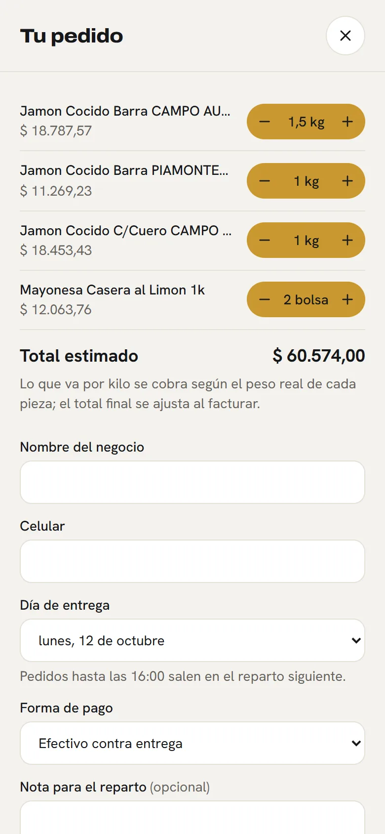 Eligen entrega y forma de pago: pantalla de la tienda de Alimentos y gastronomía