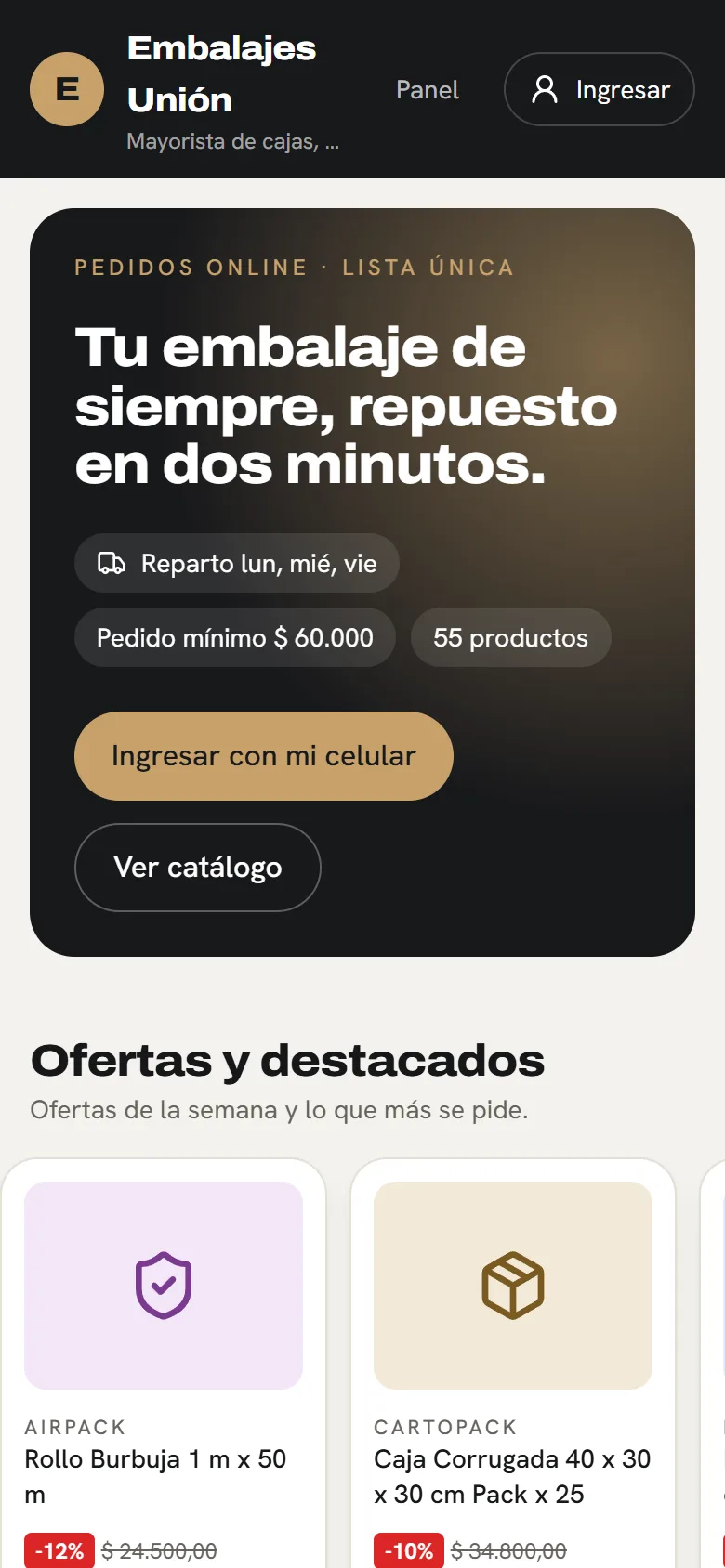 Tu catálogo, con tu marca: pantalla de la tienda de Empaques y embalajes