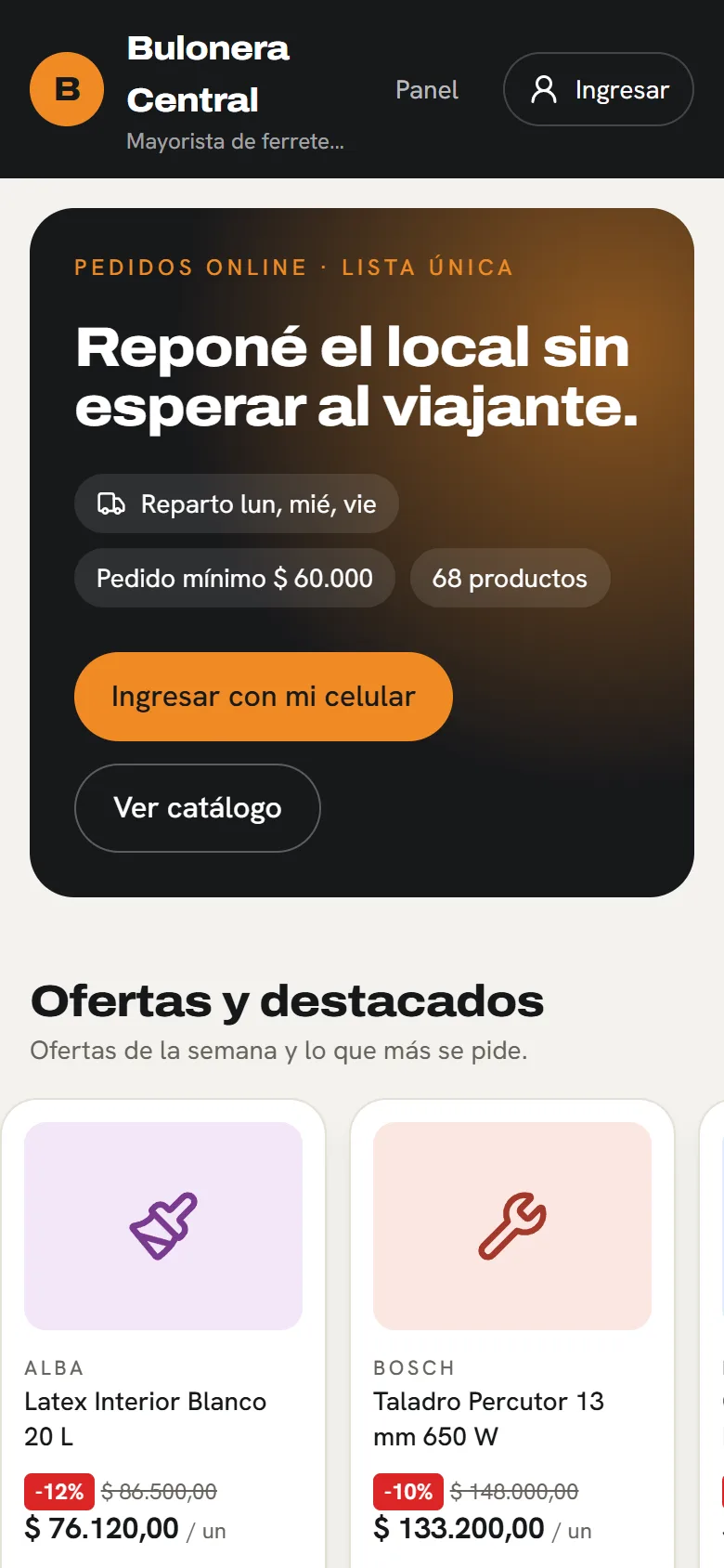 Tu catálogo, con tu marca: pantalla de la tienda de Ferretería