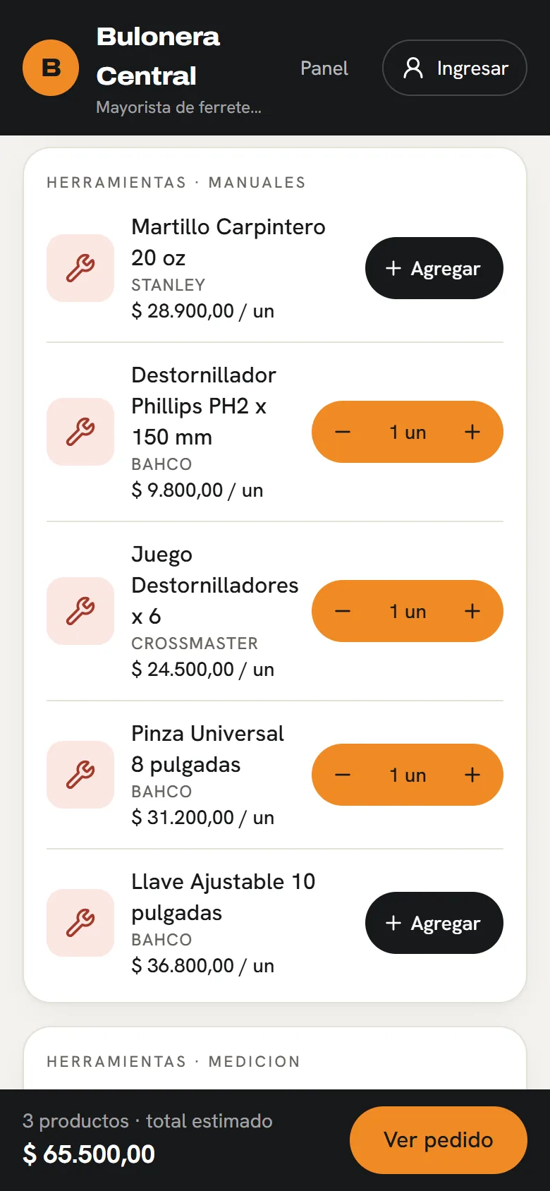 Arman el pedido en minutos: pantalla de la tienda de Ferretería