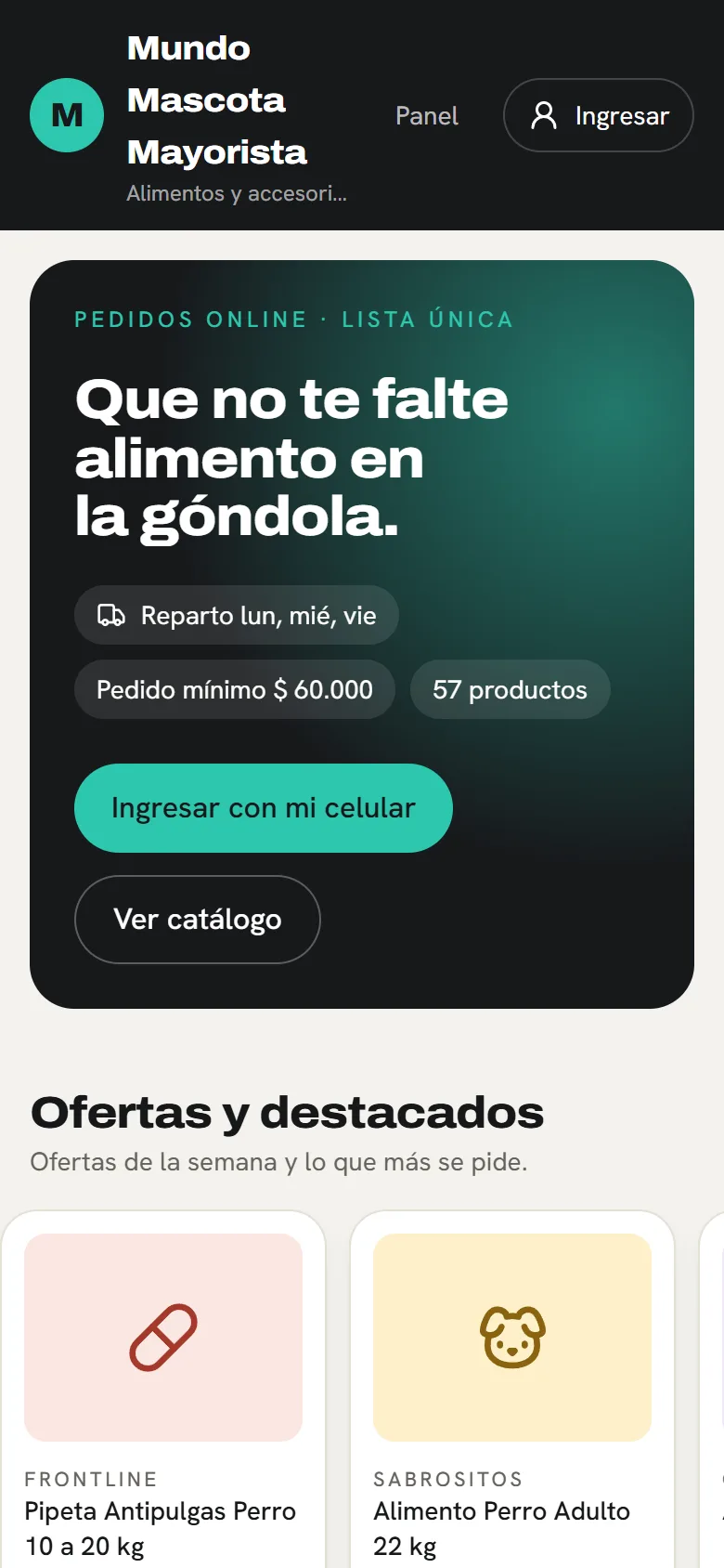 Tu catálogo, con tu marca: pantalla de la tienda de Mascotas y veterinaria