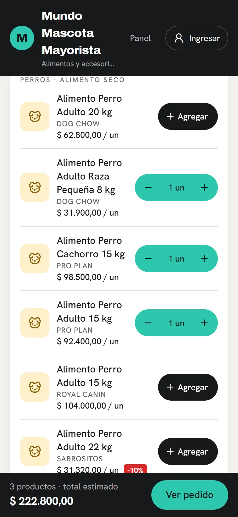 Arman el pedido en minutos: pantalla de la tienda de Mascotas y veterinaria