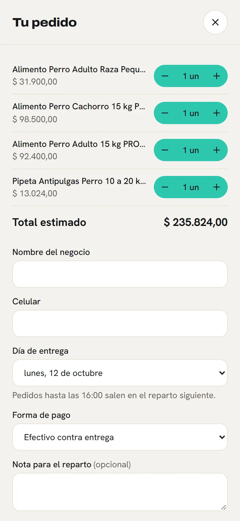 Eligen entrega y forma de pago: pantalla de la tienda de Mascotas y veterinaria
